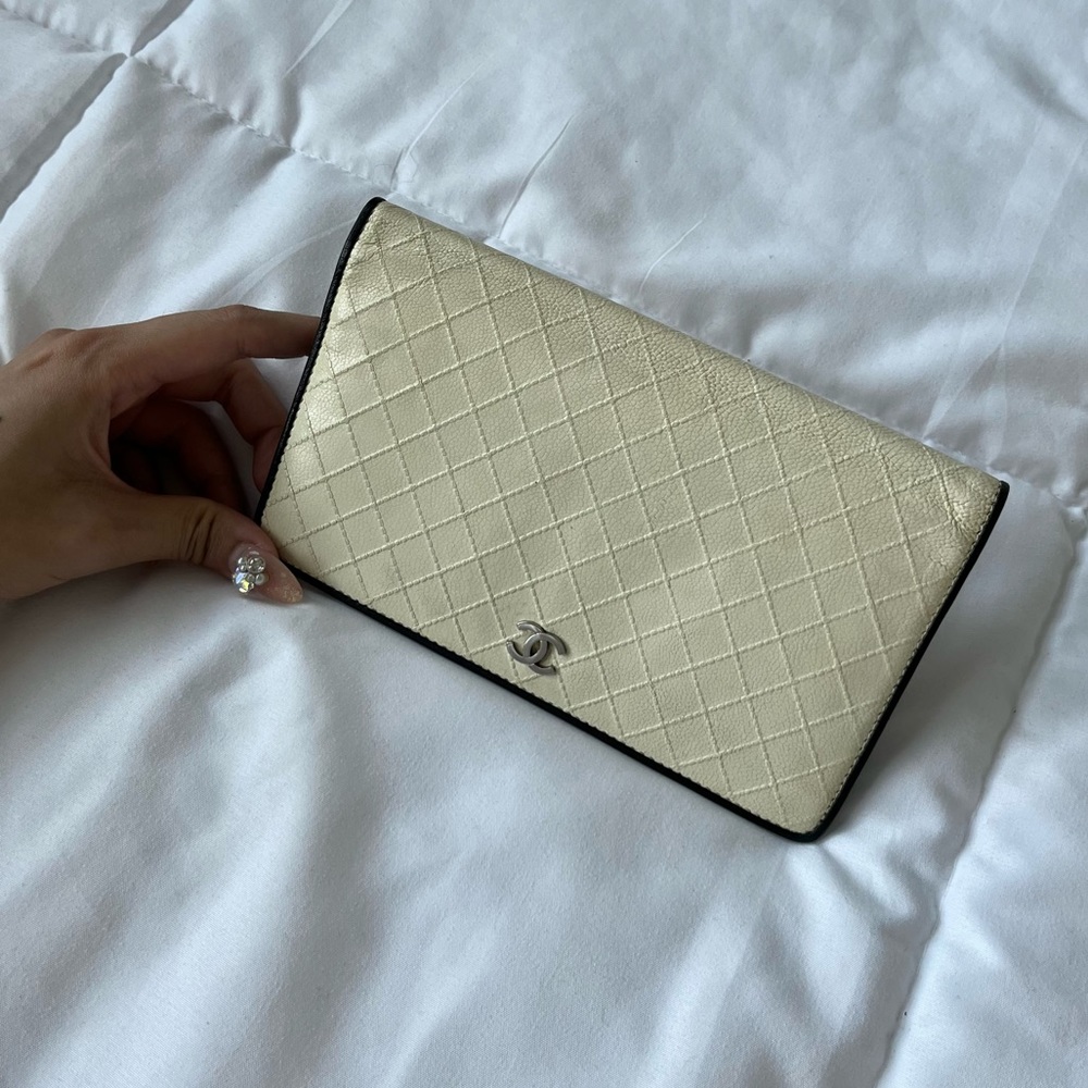 Chanel Quilted Ivory Black Bifold Wallet